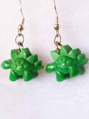 Handmade Green HDPE Stegosaurus Dangle Earrings Recycled Jewelry